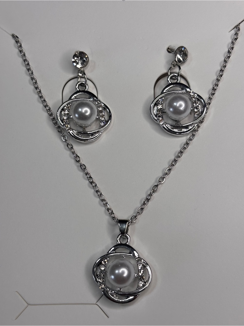 Silver Pearl Orbit Necklace and Earring Set - White Pearls